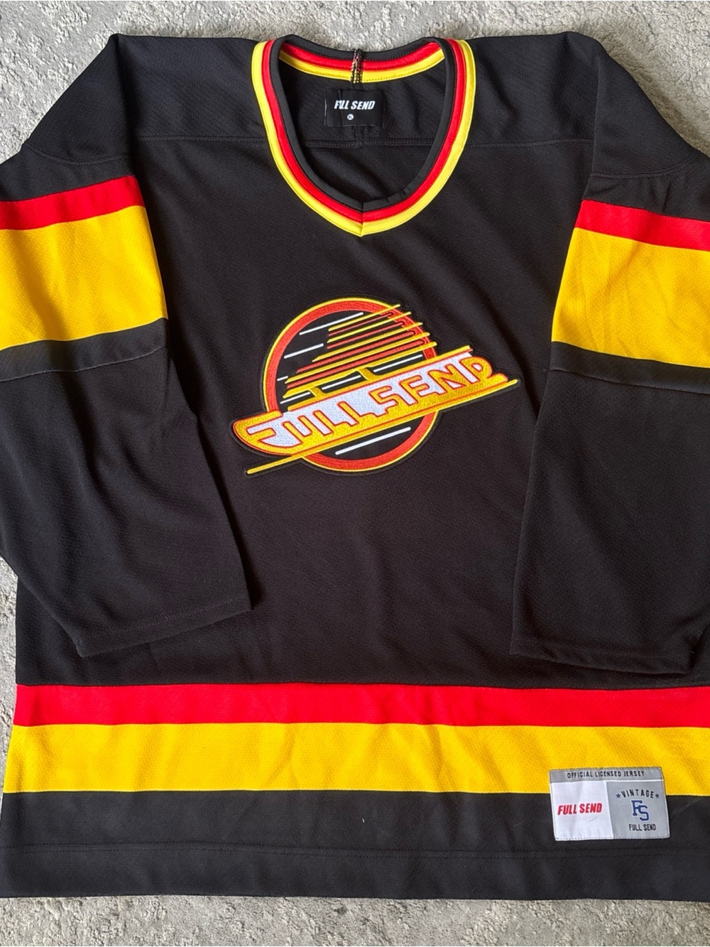 Full Send Men’s Black Hockey Jersey with Red & Yellow Accents